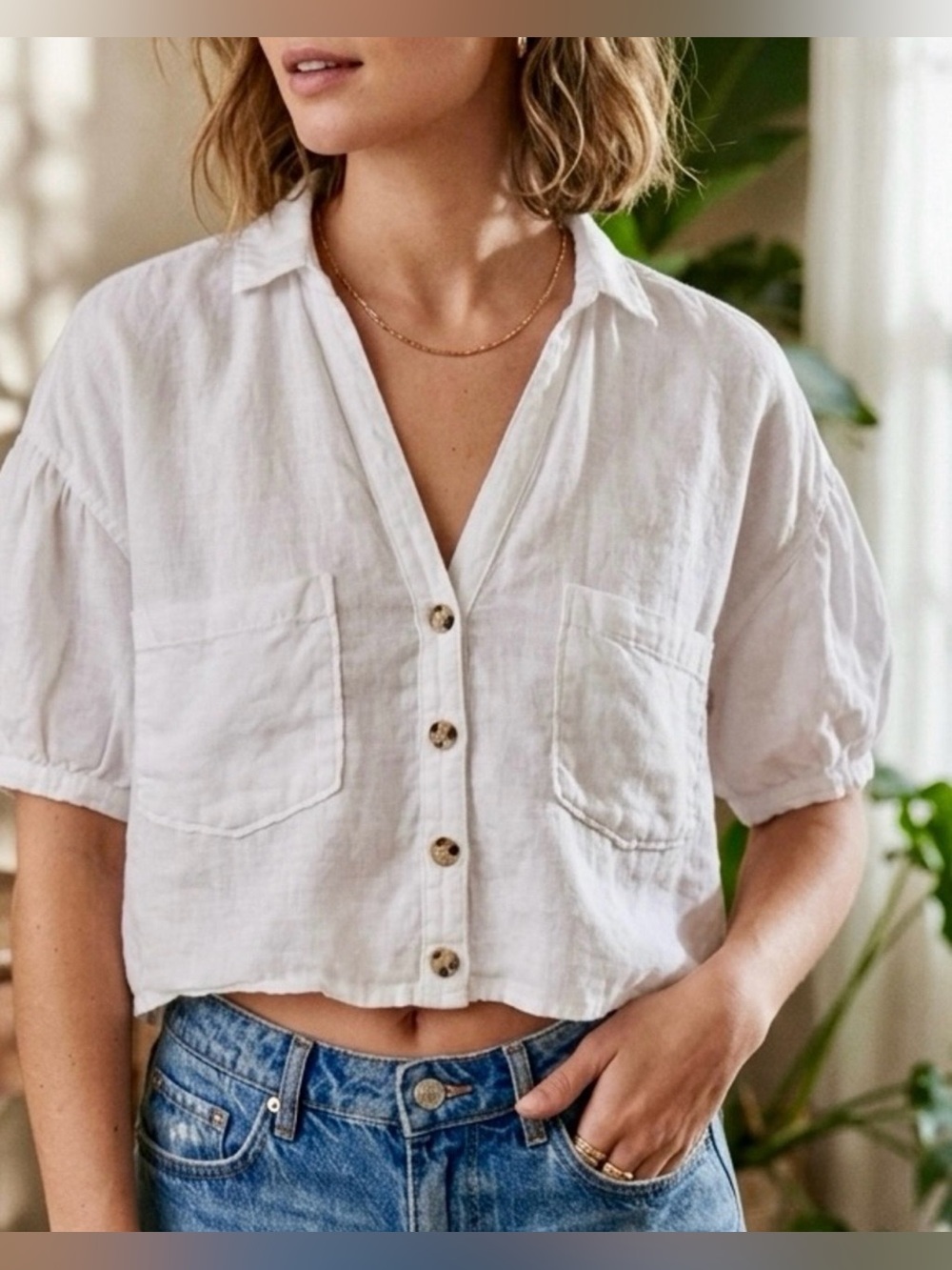 ZARA White 100-% Linen Short-Sleeve Button Crop Shirt